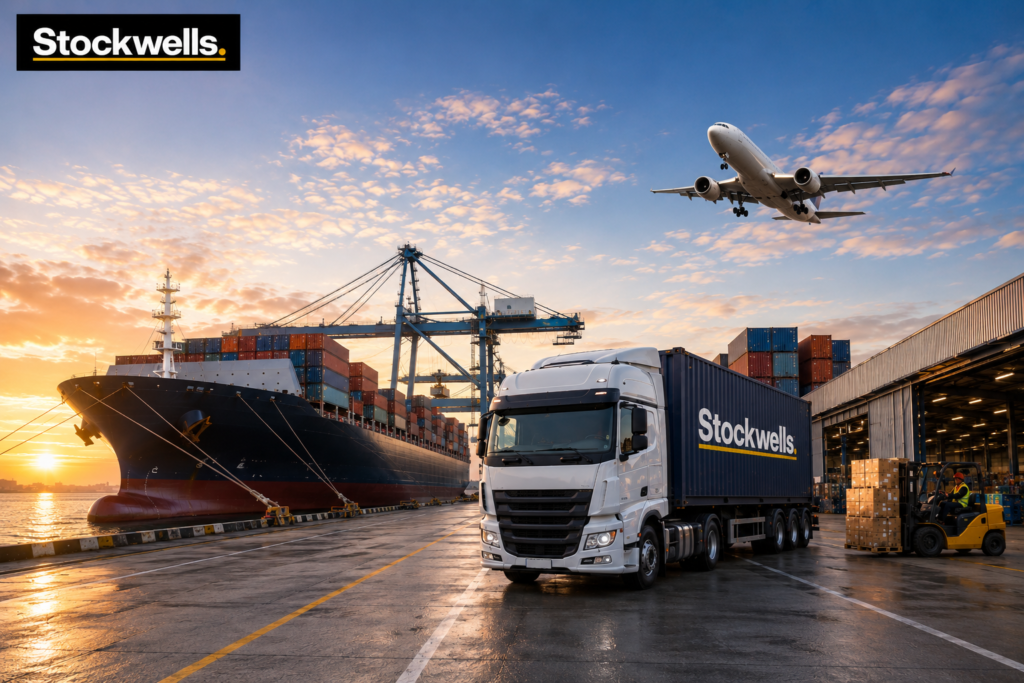 Stockwells logistics company Australia with freight truck, cargo ship, aircraft and shipping containers