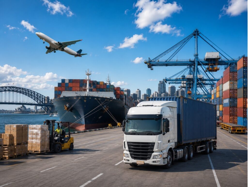 Australian freight forwarders with cargo ship, freight truck, containers, port cranes and aircraft