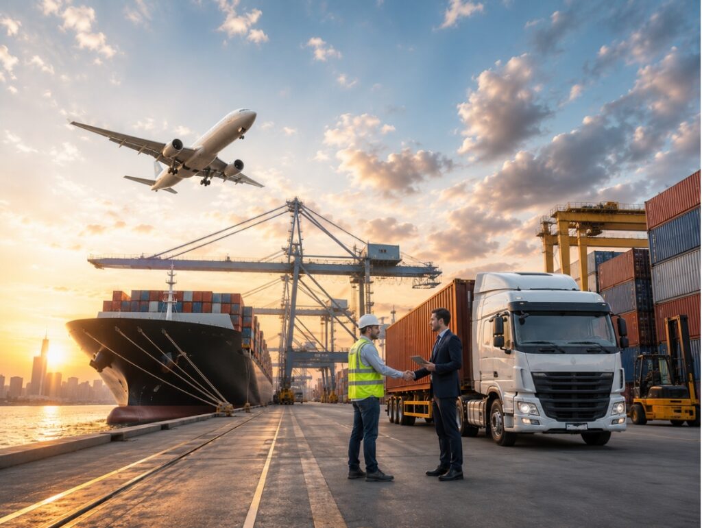 Freight forwarder Australia with cargo ship, truck, aircraft and logistics team at port
