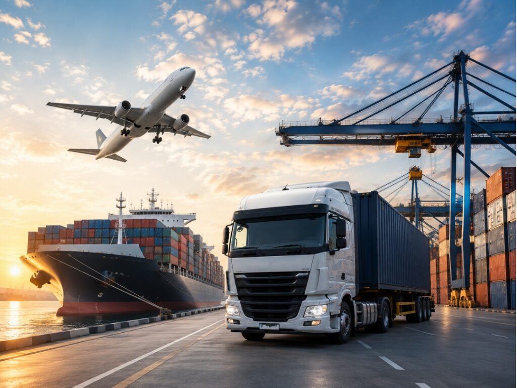 International freight forwarding with cargo ship, freight truck, aircraft and container terminal