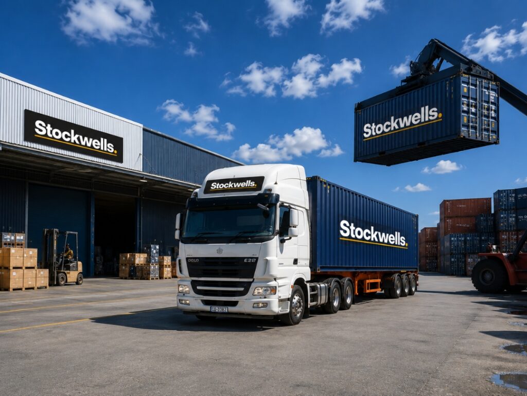 Stockwells freight forwarding truck and shipping containers at an Australian logistics warehouse