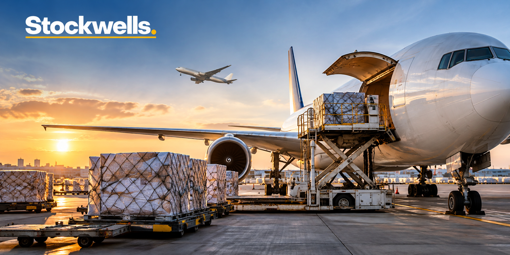 Air freight cargo loading onto an aircraft at an airport